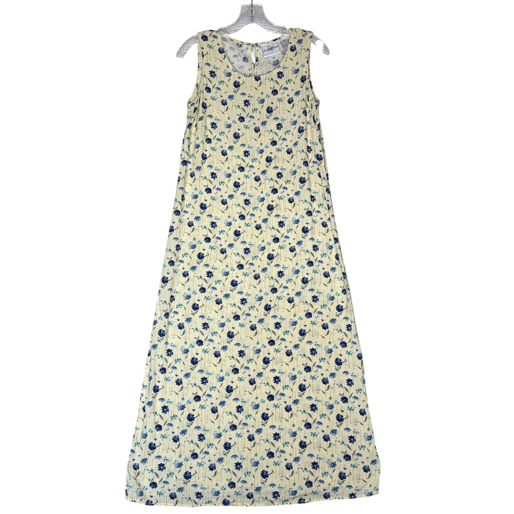 Vintage Studio Ease Yellow Blue Floral Rayon Sleeveless Maxi Dress Size 8